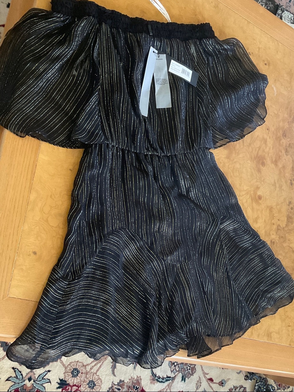 Off-Shoulder Black Metallic-Striped Mini Dress